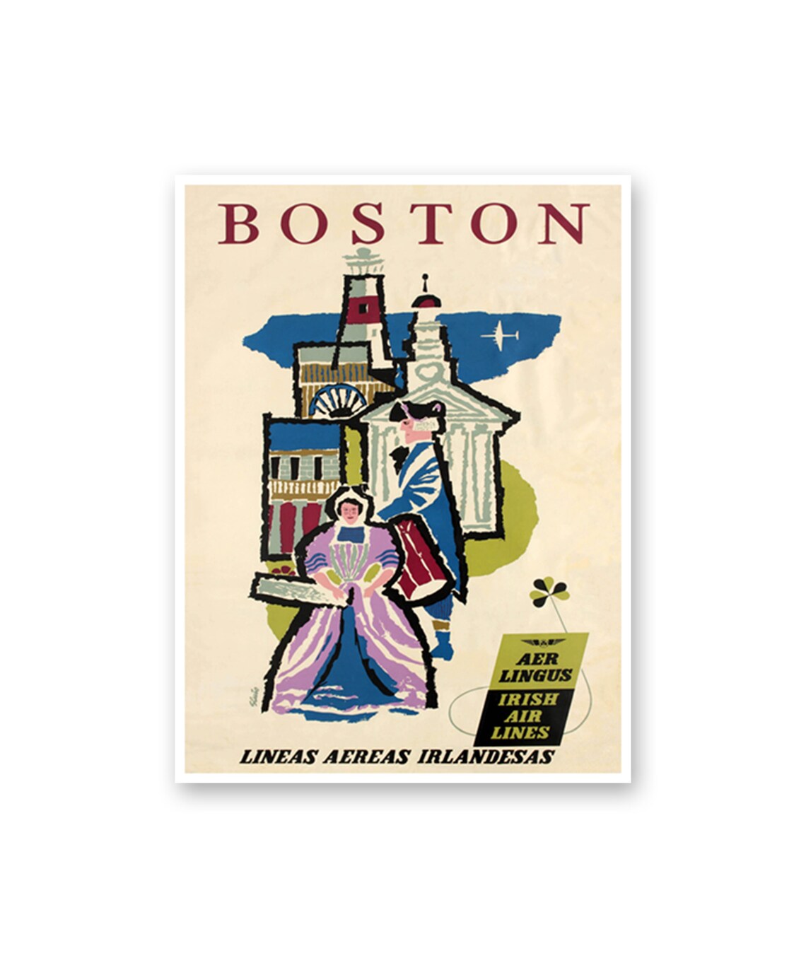 Boston Aer Lingus Irish Air Lines Colonial Vintage Travel Poster