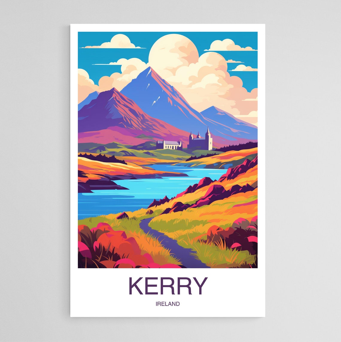 Kerry Ireland Mountain Lake Abbey Vintage Emerald Travel Art Poster