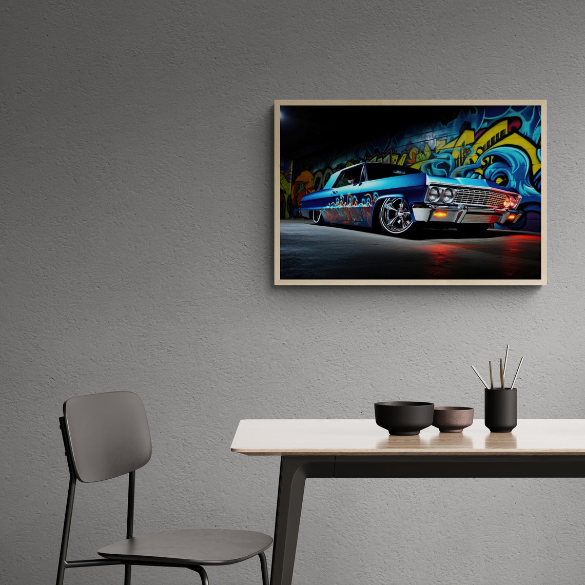 Blue Classic Lowrider with Flame Paint Job Graffiti Night Poster - Image 2