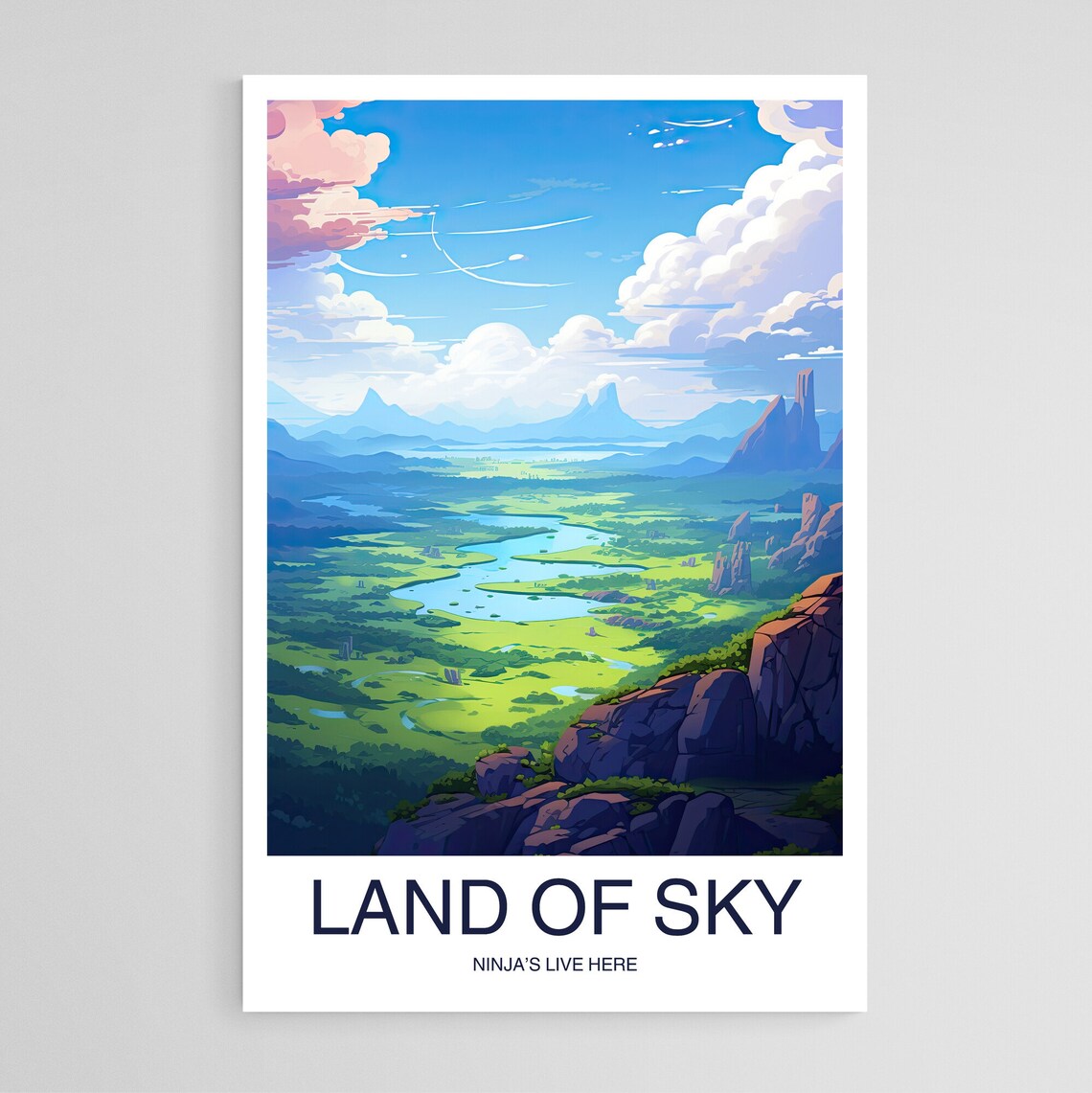 Land Of Sky Lush Green Valley Winding River Anime Ninja Travel Poster
