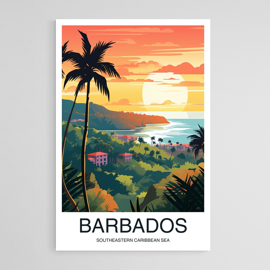 Barbados Caribbean Golden Sunset Palm Beach Travel Art Poster