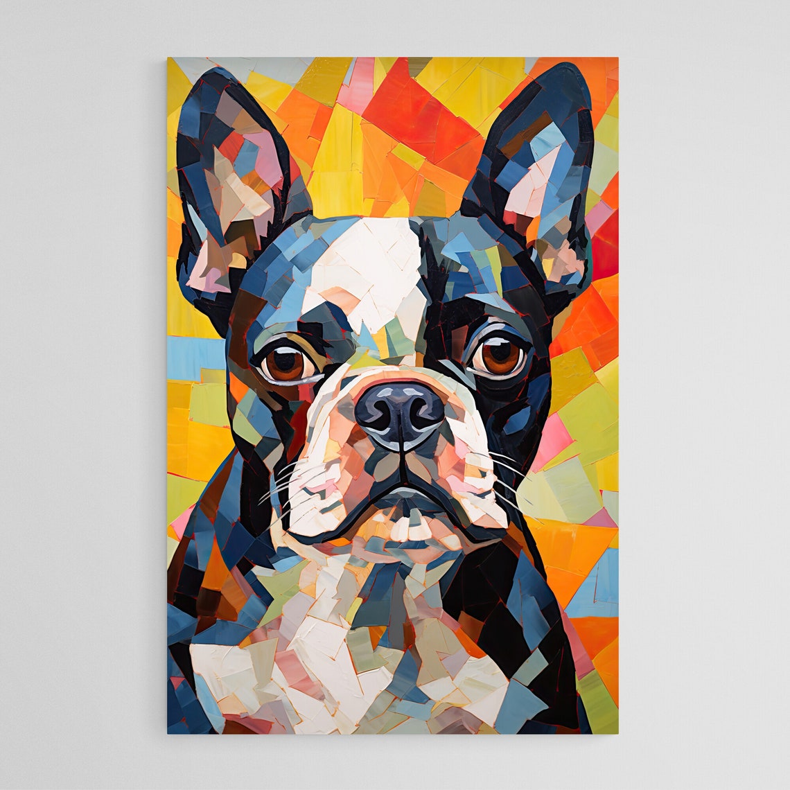 Boston Terrier Mosaic Cubist Portrait Orange Facets Background Poster