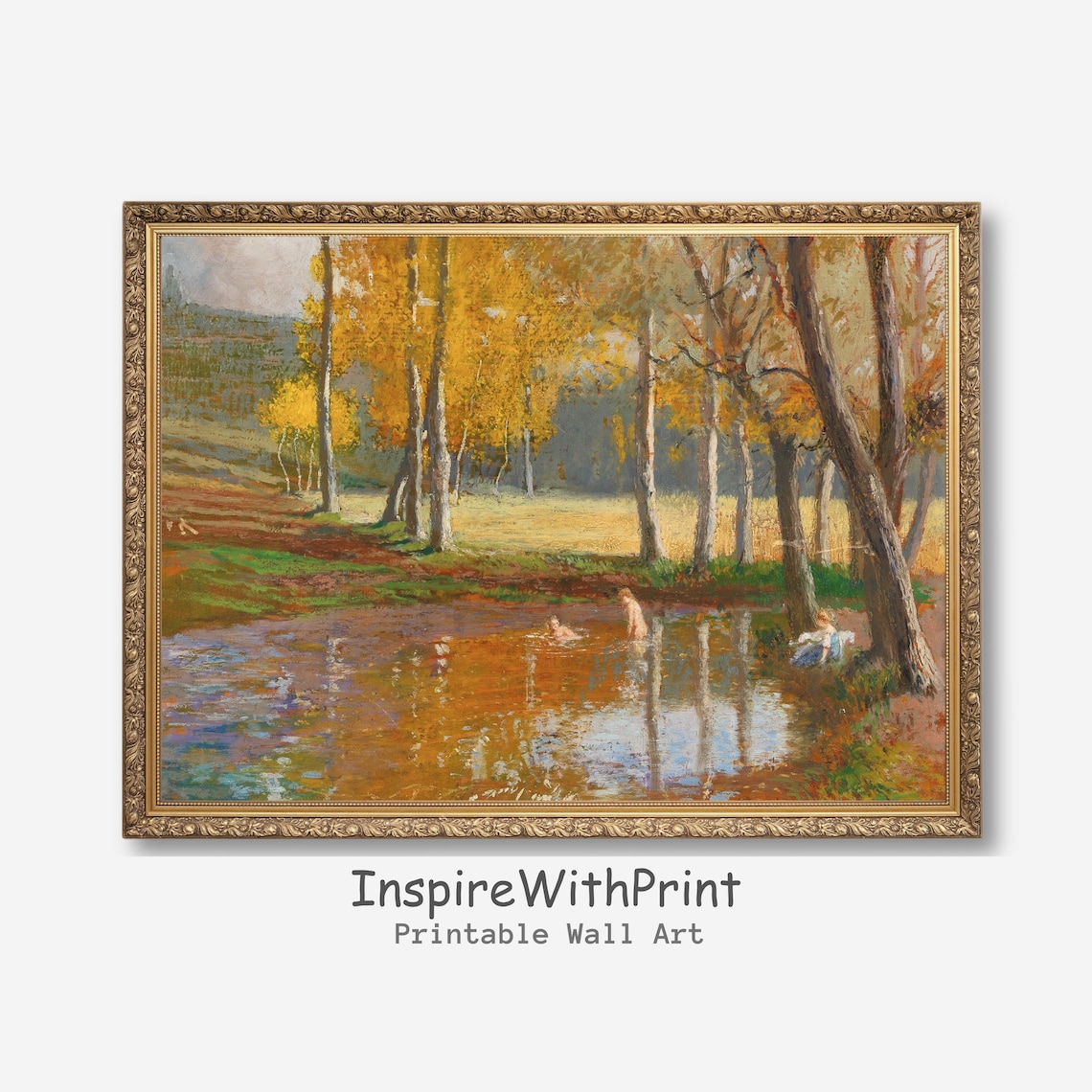 Bathers in a Golden Autumn River Vintage Woodland Swimming Painting Poster