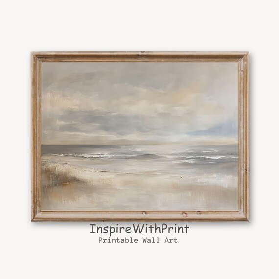 Neutral Beige Beach Soft Ocean Waves Minimal Coastal Art Print