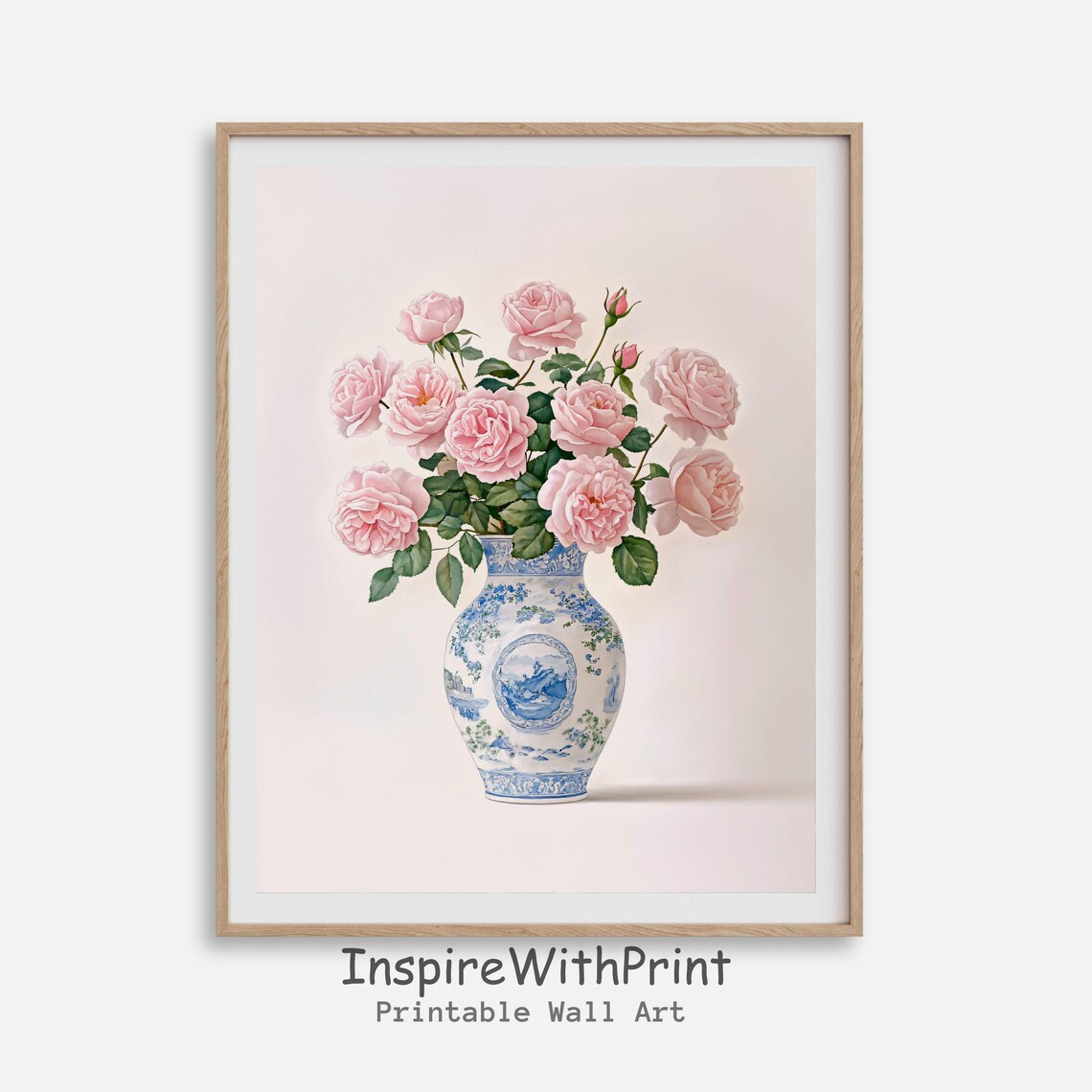 Watercolor Pink Roses Blue White Chinoiserie Vase Floral Print