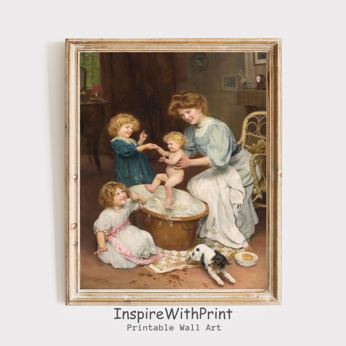 Baby Bathing Scene Wall Art Children Portrait Painting Mother And Kids Print Motherhood Artful Vintage