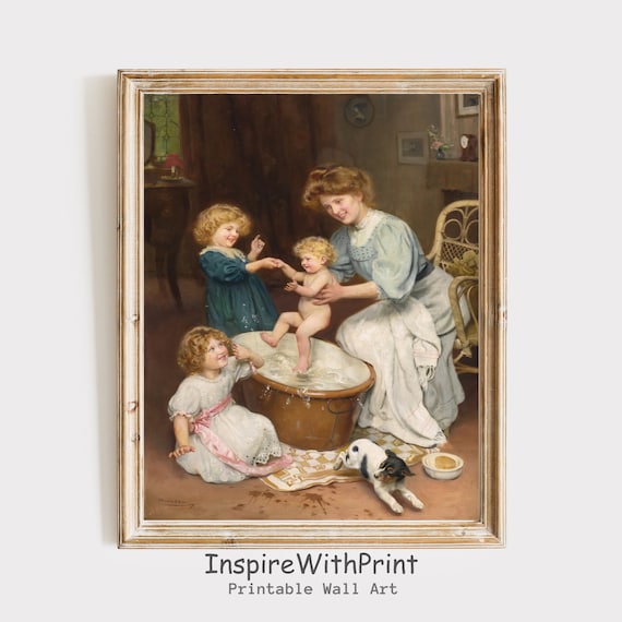 Vintage Motherhood Bath Time Painting Poster with Happy Children