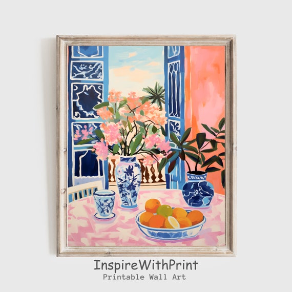 Abstract Fruit Still Life Painting Matisse Inspired Art Flowers With Oranges Print Modern Kitchen Wall Decor