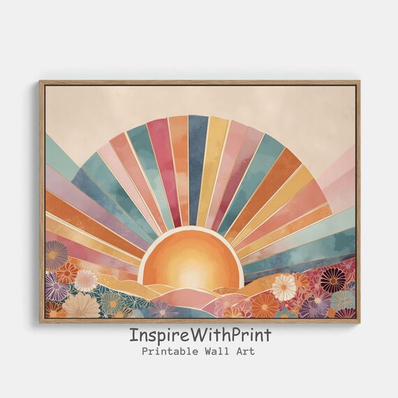 Boho Sun Print Horizontal Wall Art Abstract Sunrise Midcentury Modern Playroom Poster Nursery