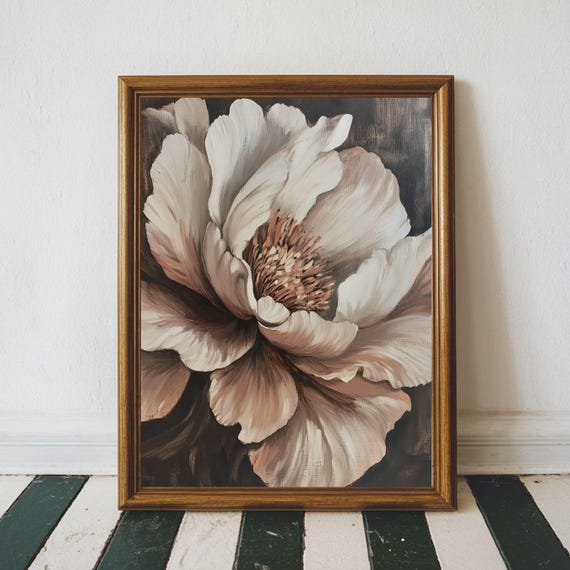 Vintage Dark Flower Print Moody Neutral Wall Art Large Rustic Floral Antique White
