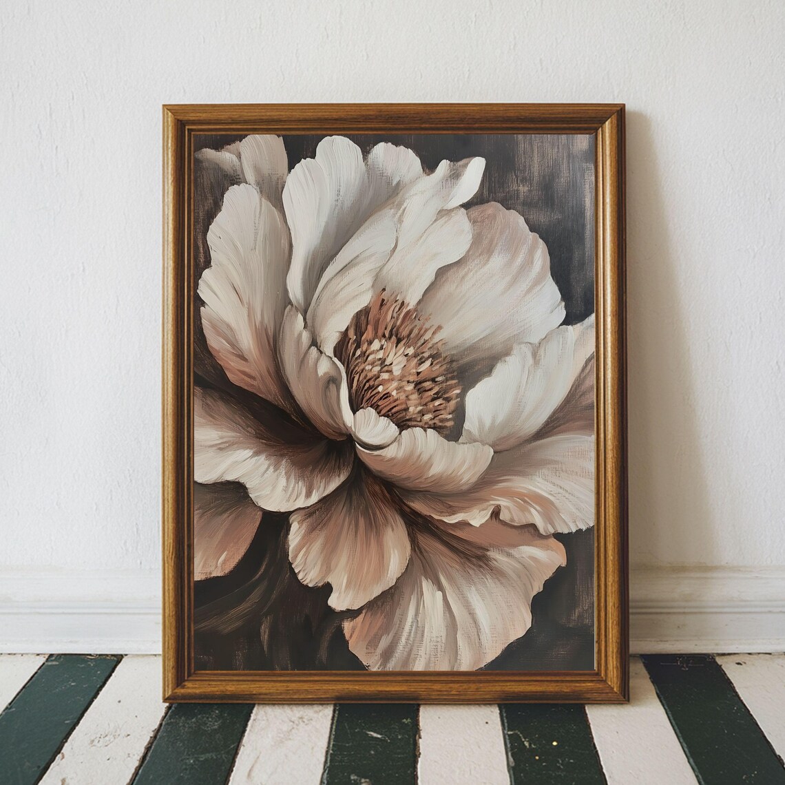 Cream Poppy Bloom Glowing on Dark Moody Vintage Floral Poster