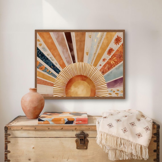 Boho Rising Sun Patterned Rays Terracotta Mid Century Art Poster