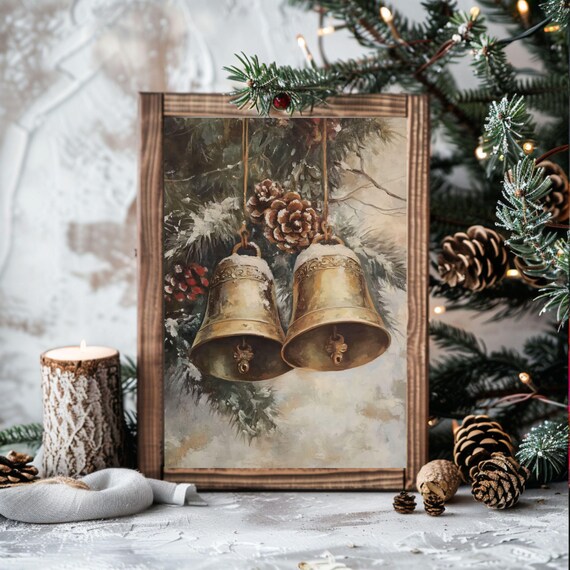 Golden Christmas Bells Snowy Pinecones Holiday Painting Poster