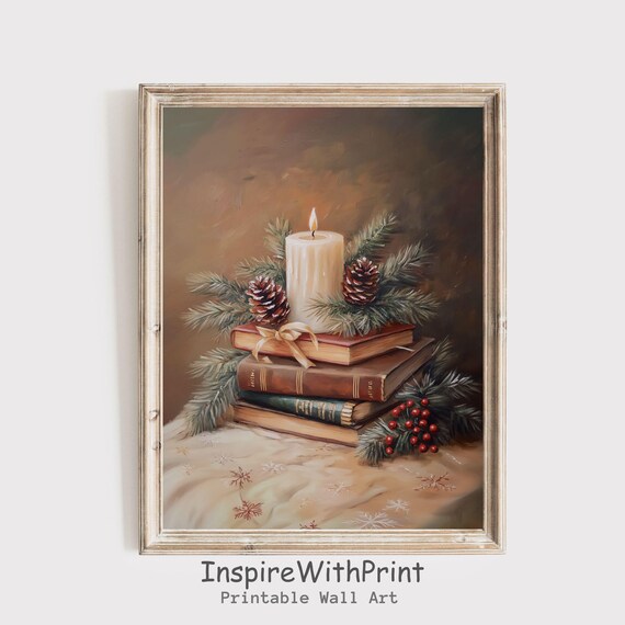 Vintage Christmas Book Stack Still Life Poster Candle And Pine Decor
