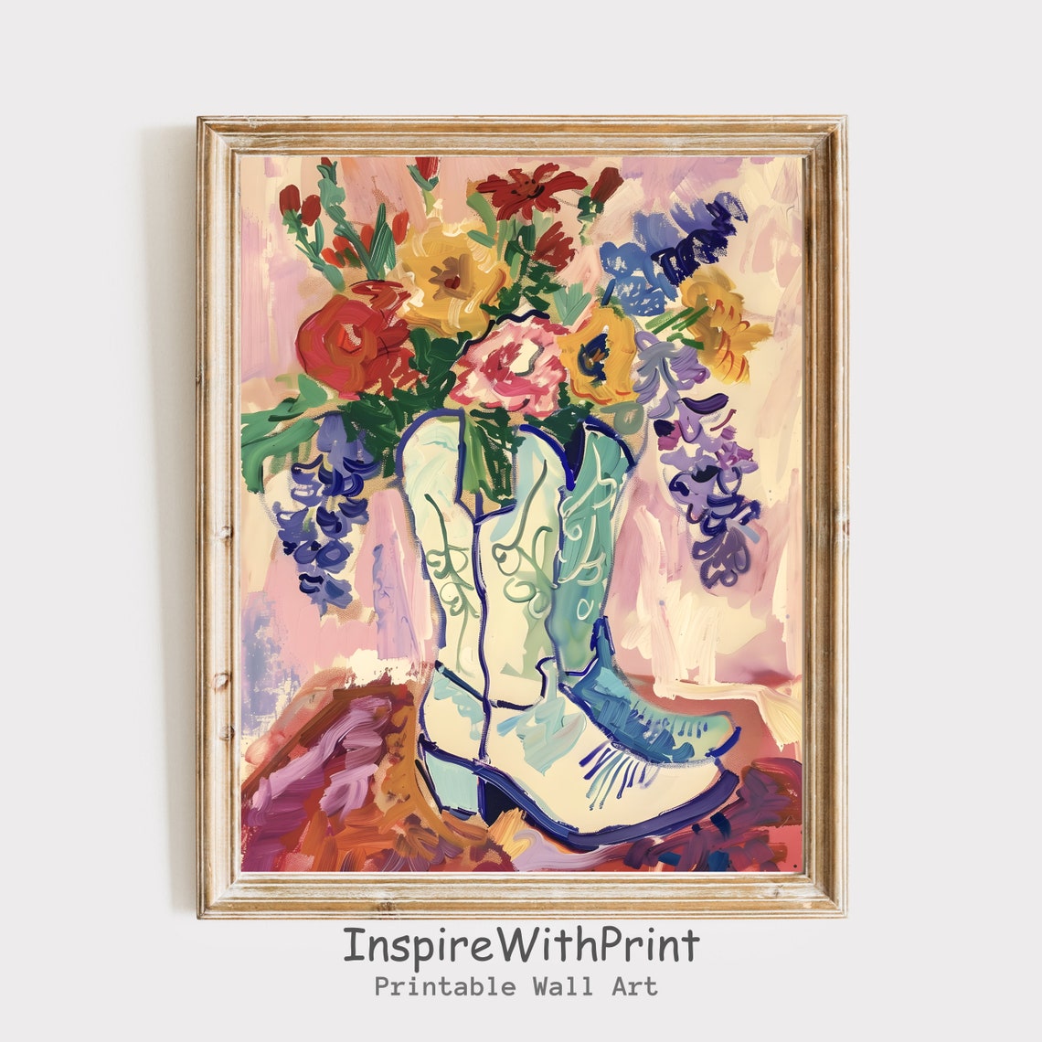 Cowboy Boots Floral Bouquet Matisse Style Colorful Western Wall Art