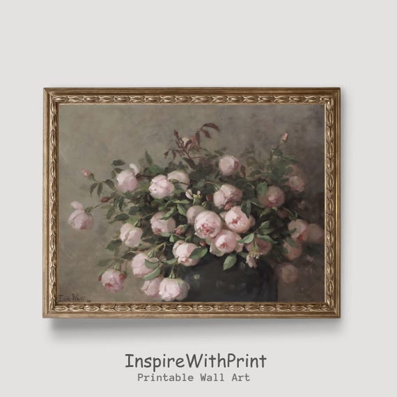 Vintage Rose Still Life Oil Painting Pink Roses Wall Art Flower Neutral Print Moody Floral Antique Decor