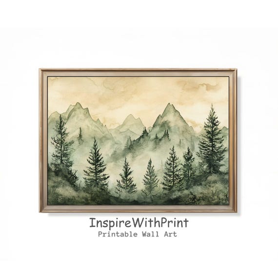 Foggy Pine Tree Forest Print Watercolor Painting Rustic Mountain Winter Landscape Sage Green Wall Decor
