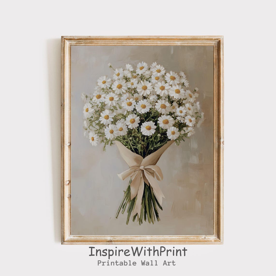 White Daisy Bouquet Tied With Beige Bow Vintage Flower Art Print