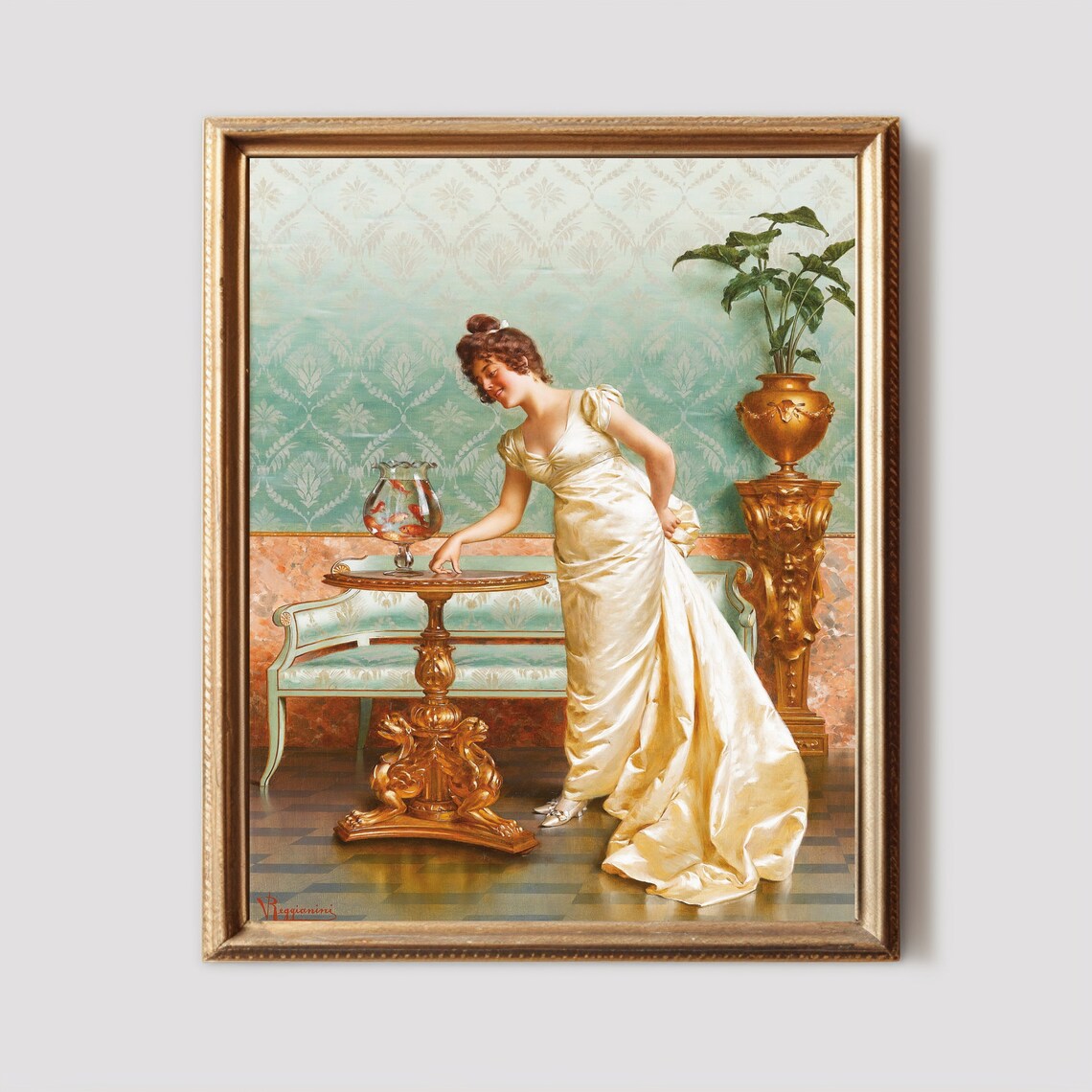 Woman Portrait With Gold Fishes Painting In Luxury Dress Art Antique Wall Interior Print