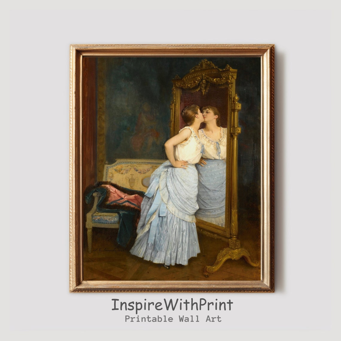 Woman Looking In The Mirror Painting Moody Portrait Print Antique Art Feminist Vintage Fashion Wall