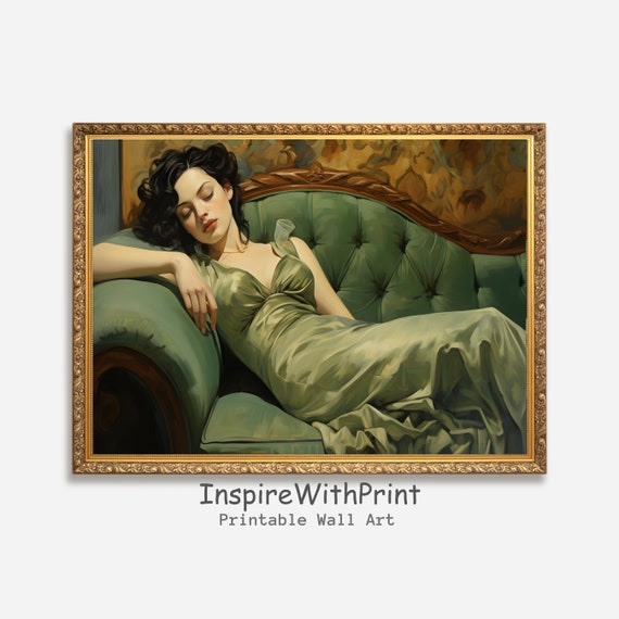 Elegant Woman Sleeping Print Sage Green Art Vintage Portrait European Classic Moody