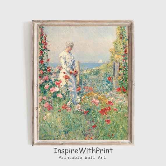 Vintage Woman in Flower Garden Impressionist Painting Poster