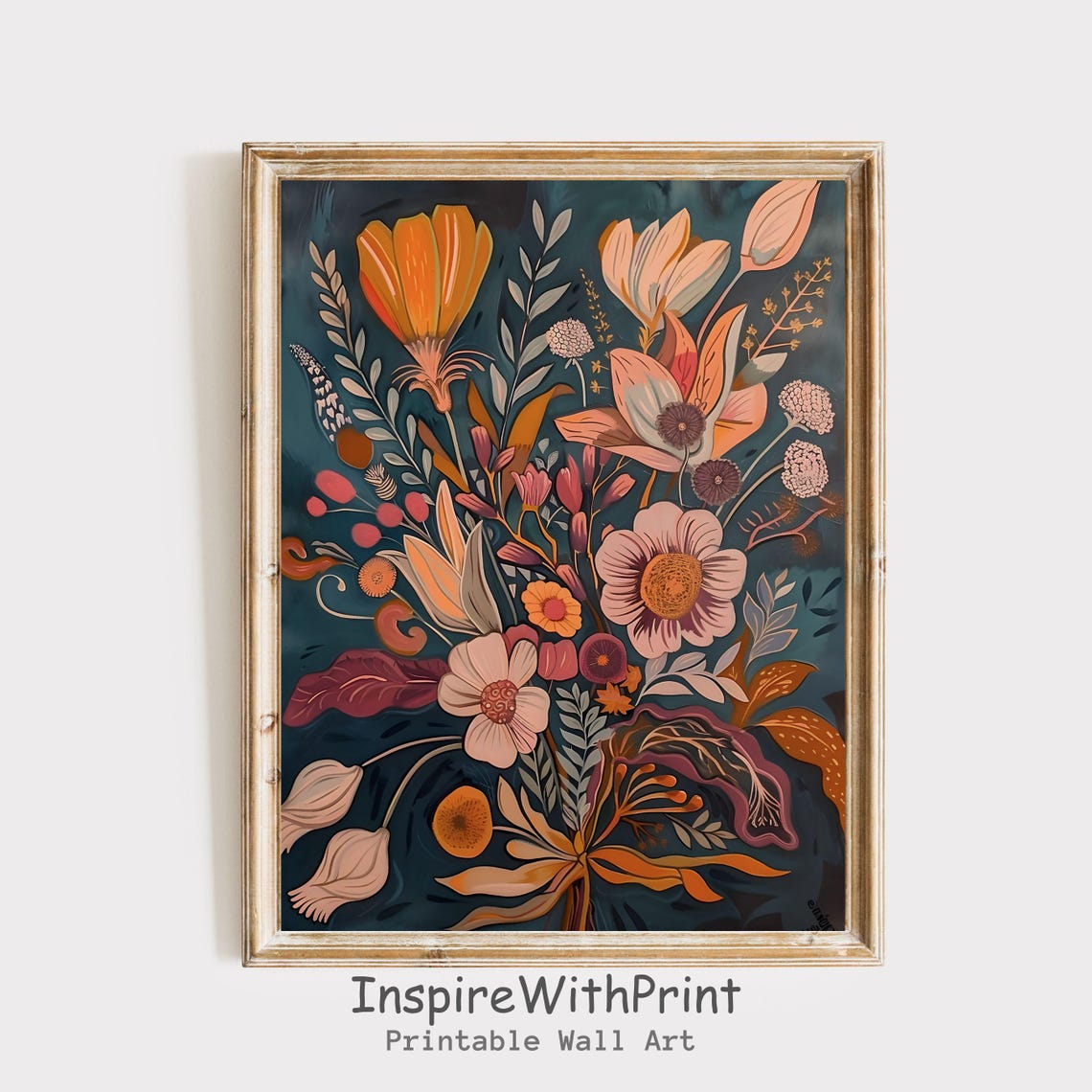 Peach Blossom and Orange Midcentury Wildflower Bouquet on Teal Poster