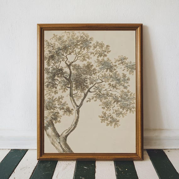 Vintage Watercolor Tree Painting Rustic Oak Print Minimalist Neutral Antique Wall Art Decor