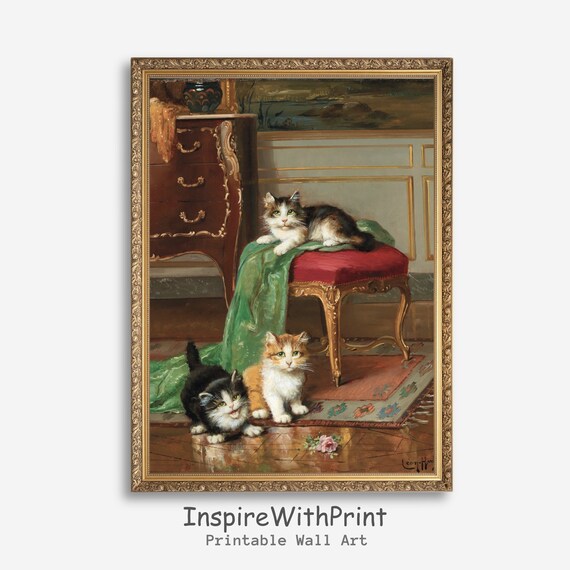 Three Kittens Playing Vintage Oil Painting Cute Cat Art Poster