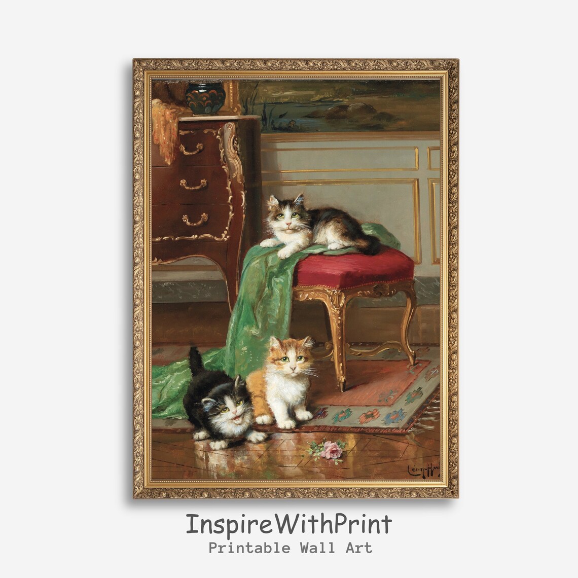Three Kittens Playing Vintage Oil Painting Cute Cat Art Poster