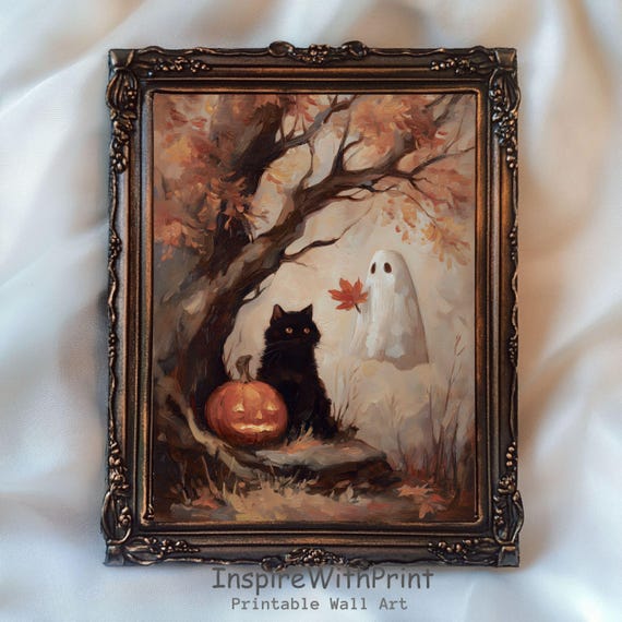 Cute With Black Cat Print Fall Spooky Halloween Painting Autumn Dark Cottagcore Art Trendy Jack O Lantern
