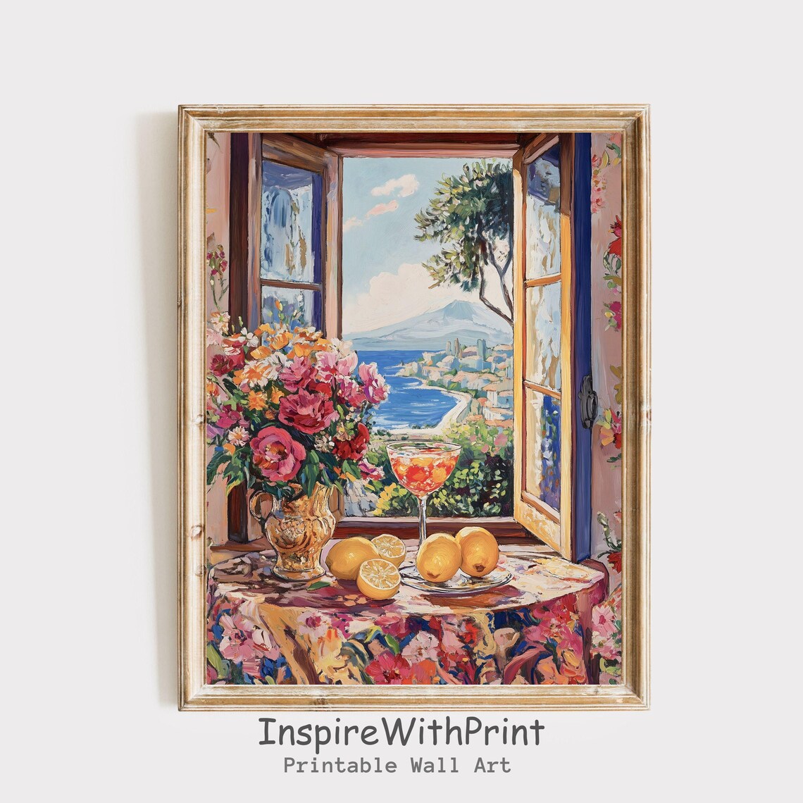 Mediterranean Open Window Coastal View Lemons Flowers Cocktail Art Poster