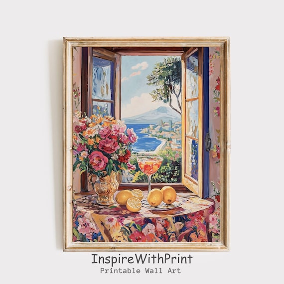 Mediterranean Open Window Coastal View Lemons Flowers Cocktail Art Poster
