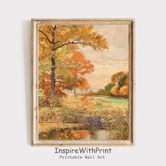 Autumn Trees Beside a Golden Pond Vintage Fall Landscape Painting Poster
