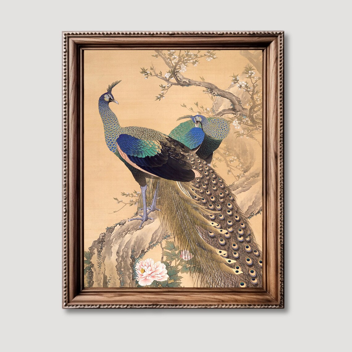 Vintage Asian Peacock Pairing Antique Bird Painting Art Poster