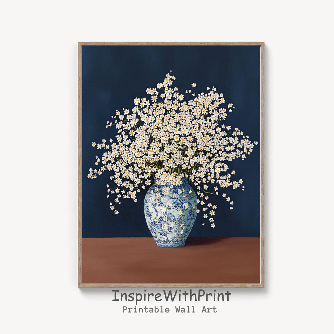 White Chamomile Daisy Bouquet Chinoiserie Vase Dark Floral Poster