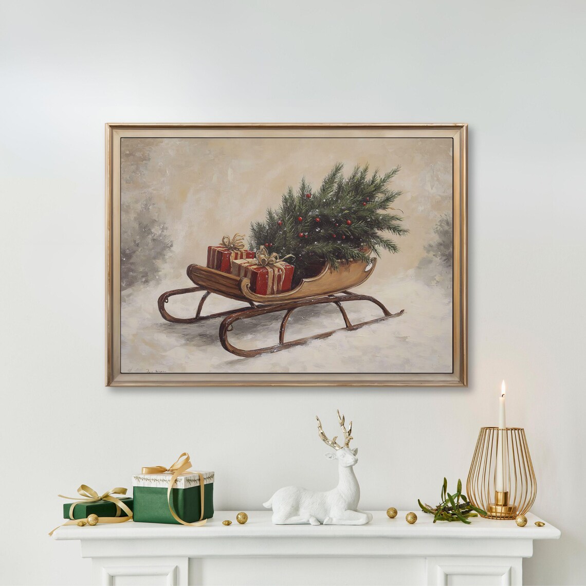 Christmas Sleigh Farmhouse Wall Art, Rustic Vintage Print