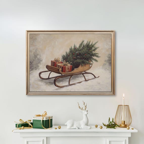 Christmas Sleigh Farmhouse Wall Art, Rustic Vintage Print