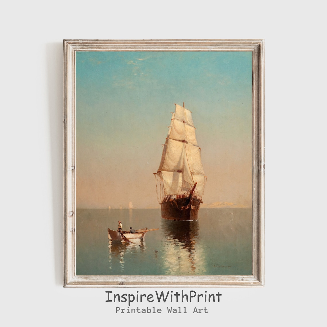 Vintage Tall Ship Full Sails Calm Sea Nautical Oil Painting Poster