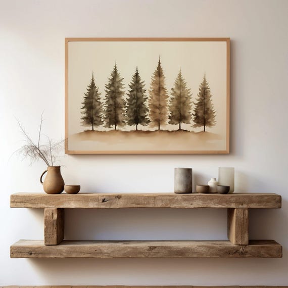 Rustic Pine Tree Forest Print Trees Watercolor Painting Neutral Winter Wall Art Landscape Decor