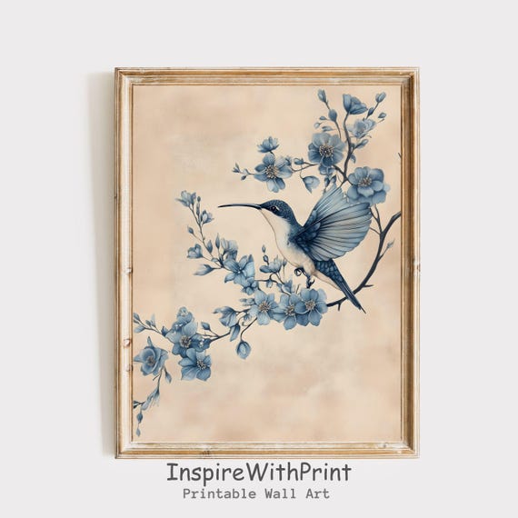 Vintage Hummingbird Print Moody Bird Lover Gift Blue Wall Art Cottage Core Grand Millennial