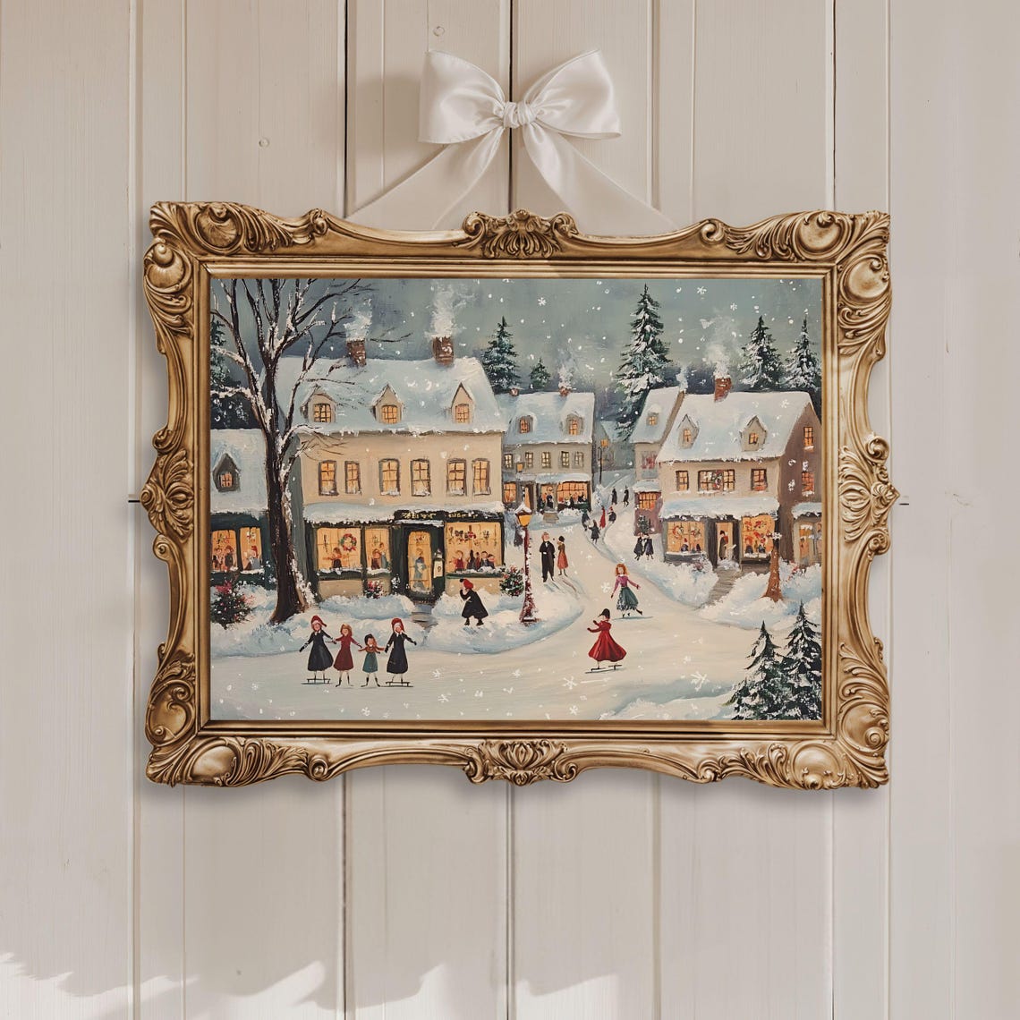 Christmas Kids Ice Skating Through Glowing Snowy Village Town Poster