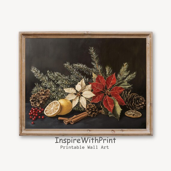 Vintage Poinsettia Botanical Still Life Poster Dark Moody Christmas Decor