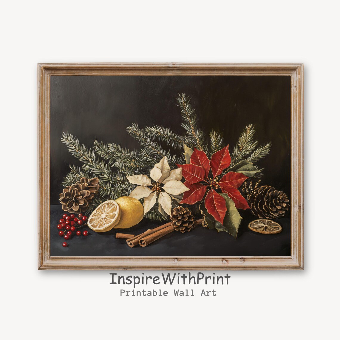 Vintage Poinsettia Botanical Still Life Poster Dark Moody Christmas Decor