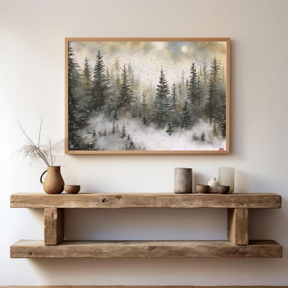 Snowy Pine Tree Painting, Rustic Winter Landscape Art Print