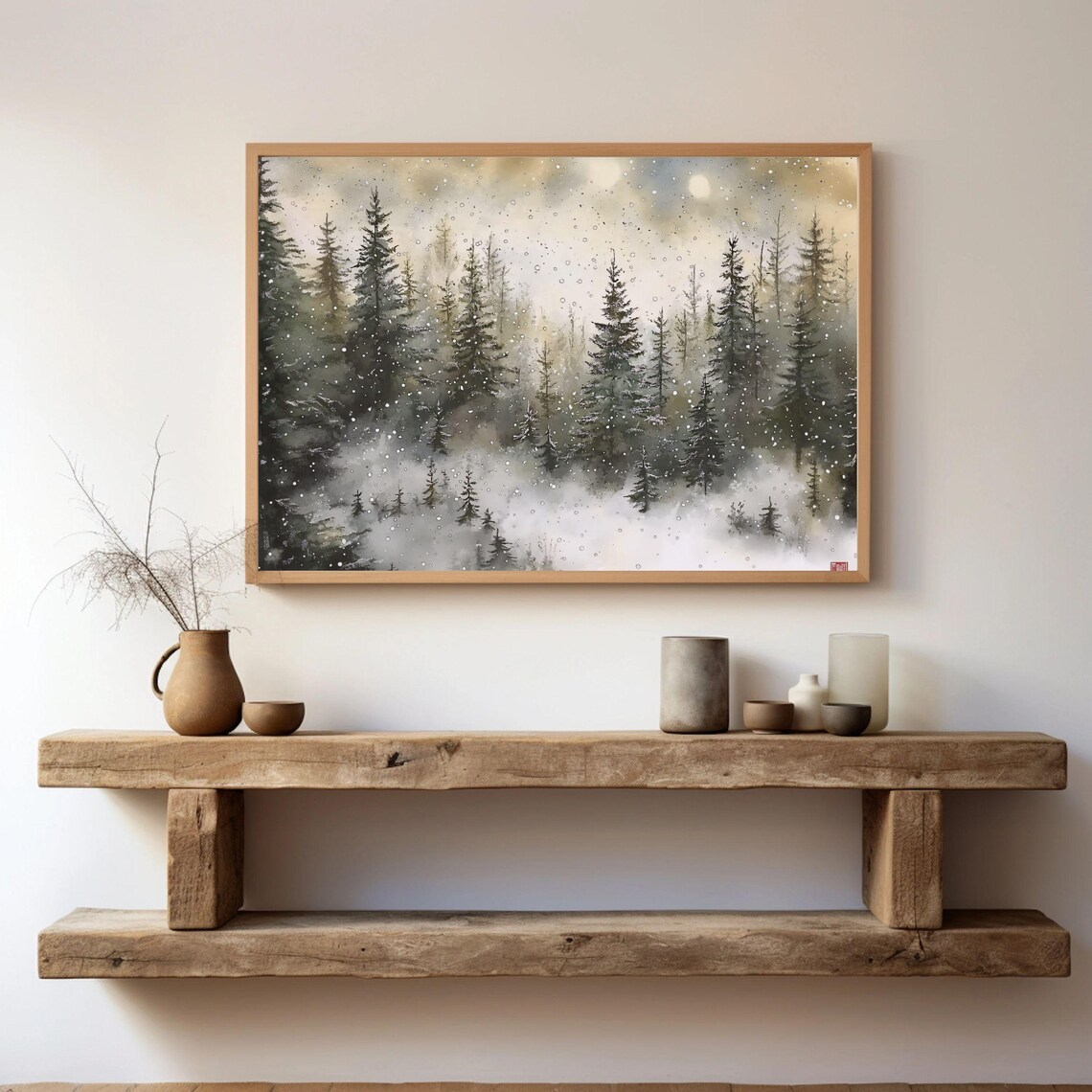 Snowy Pine Tree Painting, Rustic Winter Landscape Art Print