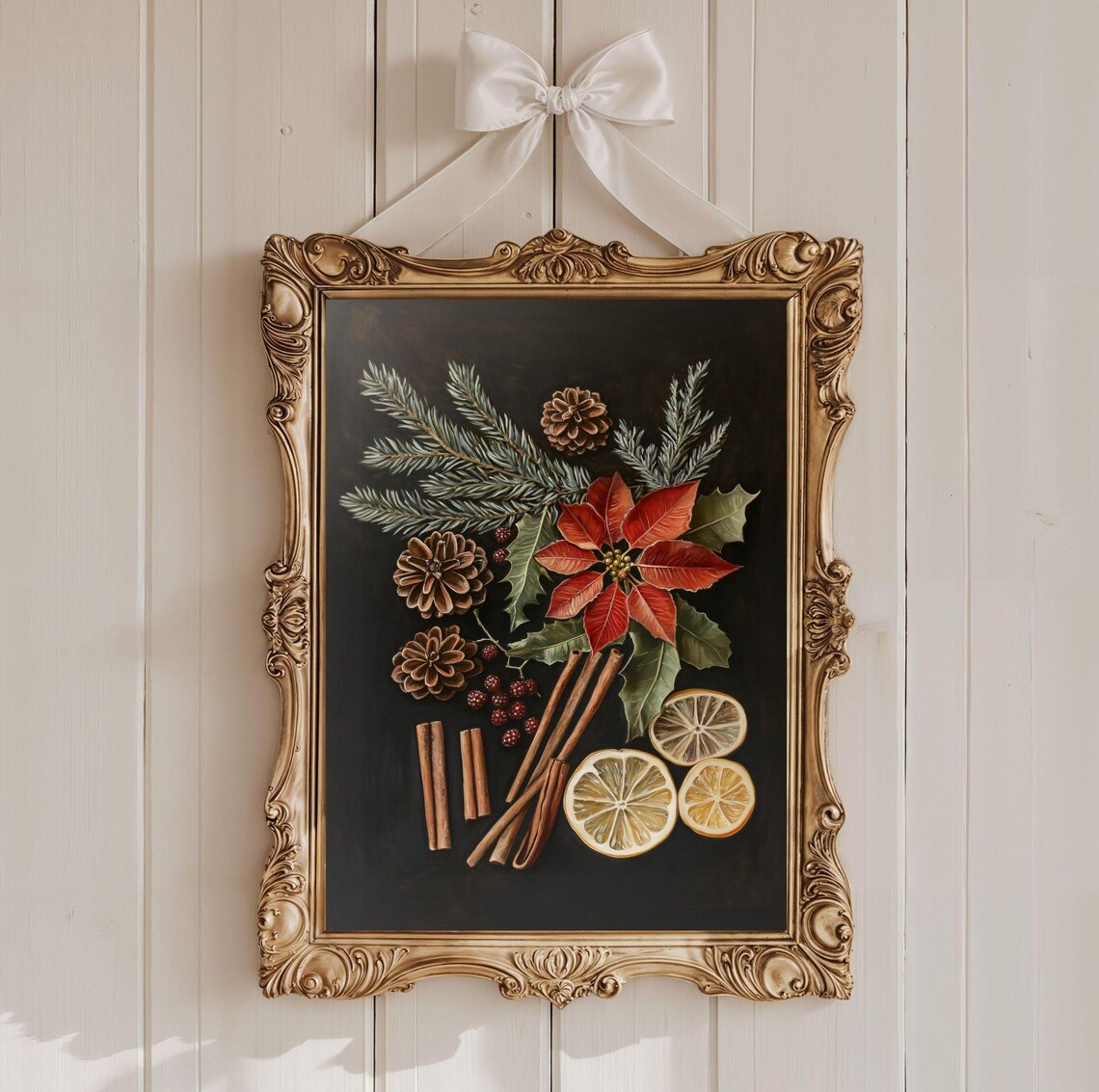 Moody Christmas Poinsettia Still Life Poster Dark Botanical Holiday Decor