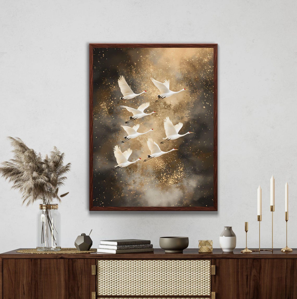 Flying White Cranes on Gold Dark Background Japanese Art Poster