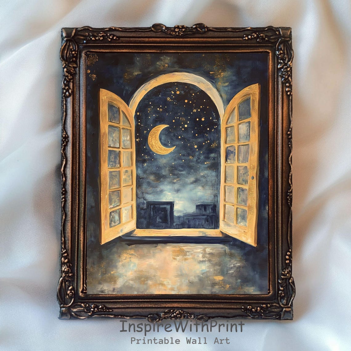 Open Window to Crescent Moon and Starry Night Sky Painting Poster
