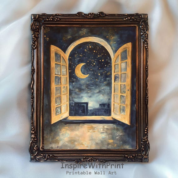 Matisse Open Window Art Moody Crescent Moon Print Dark Celestial Starry Sky Painting Cottage Core Rustic Wall
